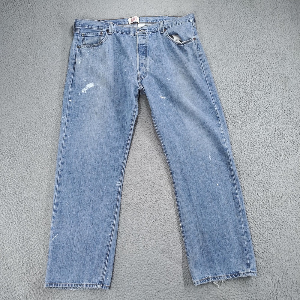 Levis 501 Jeans Mens 42x32 Blue Button Fly Straight Leg Paint Splatter Faded